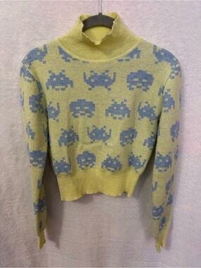 Zara Space Invaders Taito Yellow Turtleneck Sweater with Blue Pixel Motif Size S